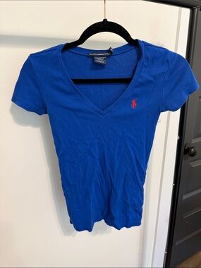 Ralph Lauren Short Sleeve V-Neck Tee in Blue with Red Pony